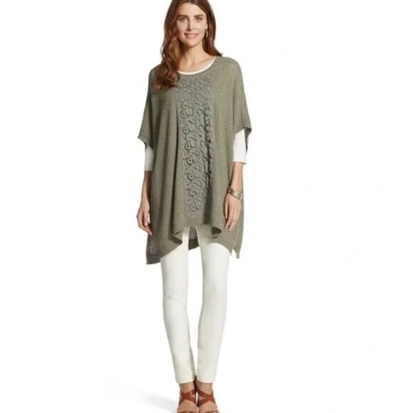 NWT Chico's Lucy Lace Body Poncho Sweater Green Gold Metallic Open Front L/XL - Picture 2 of 13